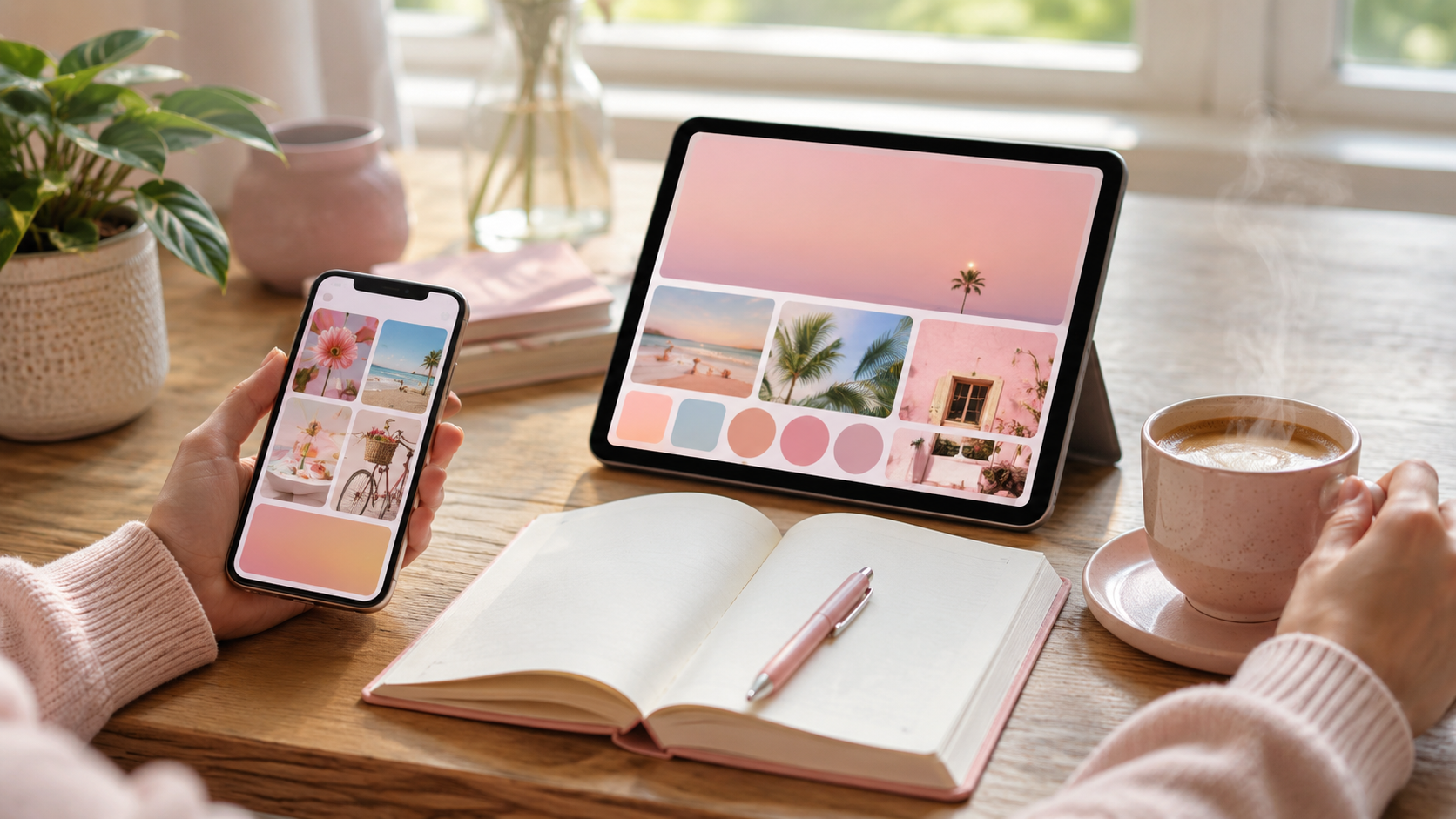 スマホとタブレットで、サロンの発信画像を自分で作っている様子